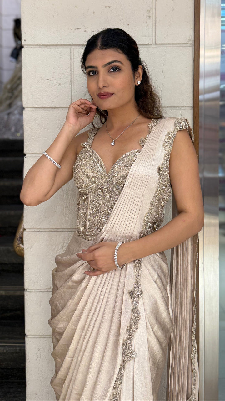 Champagne Gold Ready-to-Wear Draped Saree with Heavy Embellished Blouse