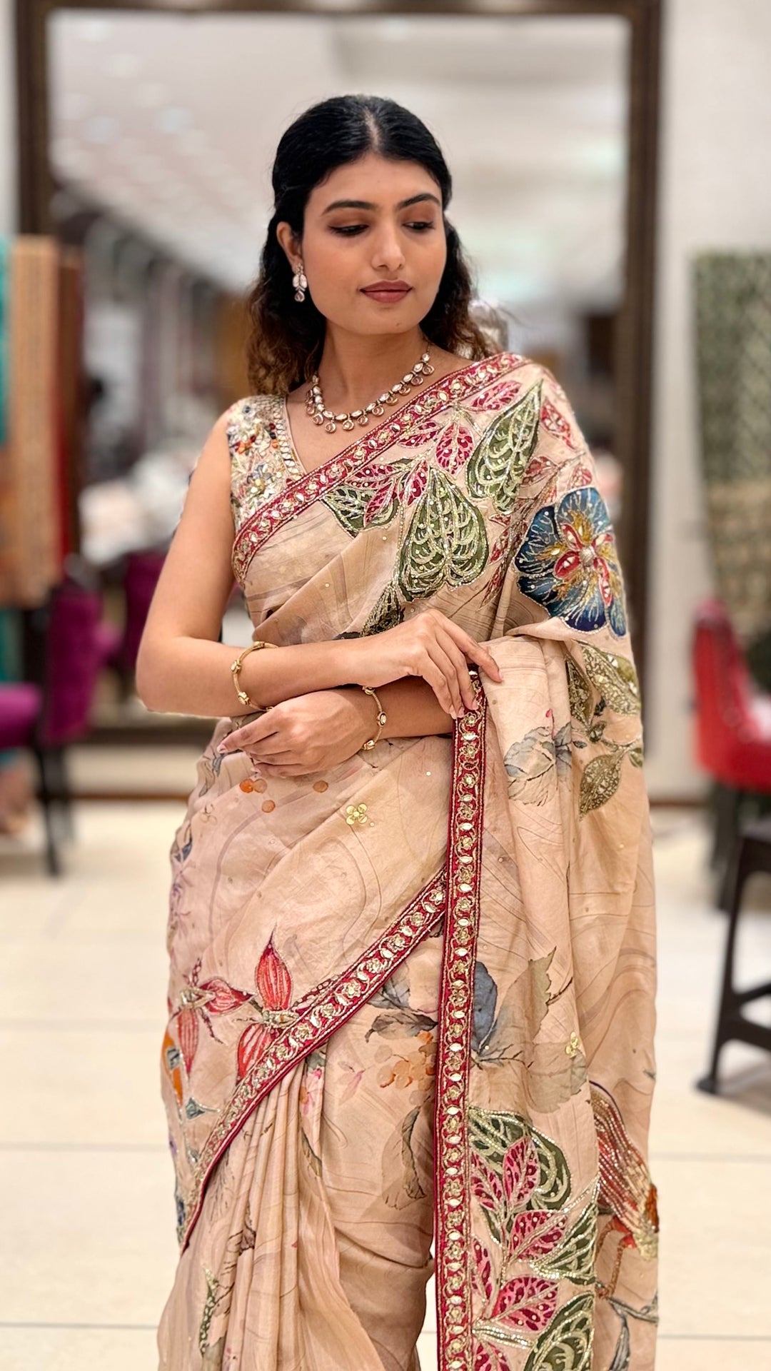 Beige Floral Printed Saree with Embroidered Border