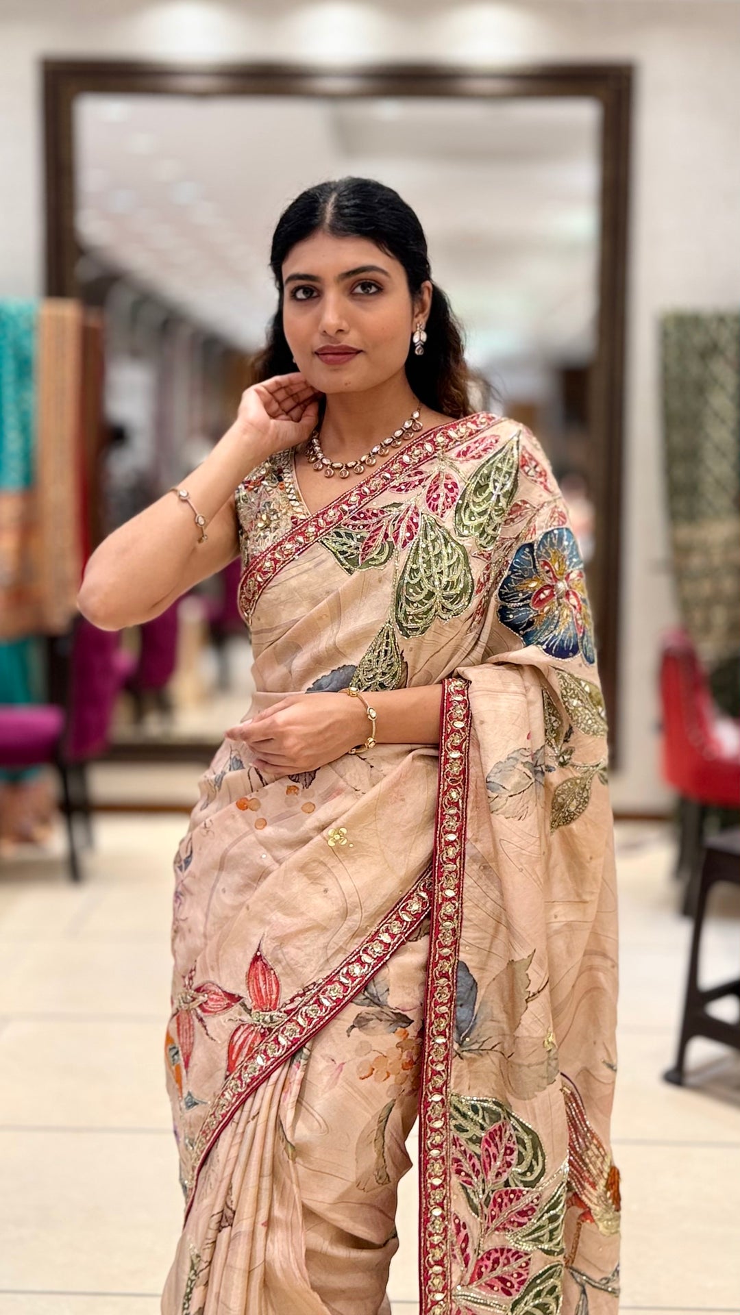 Beige Floral Printed Saree with Embroidered Border