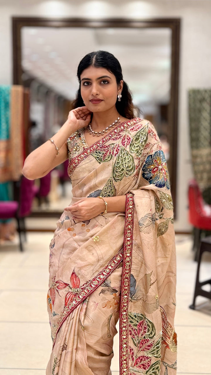 Beige Floral Printed Saree with Embroidered Border