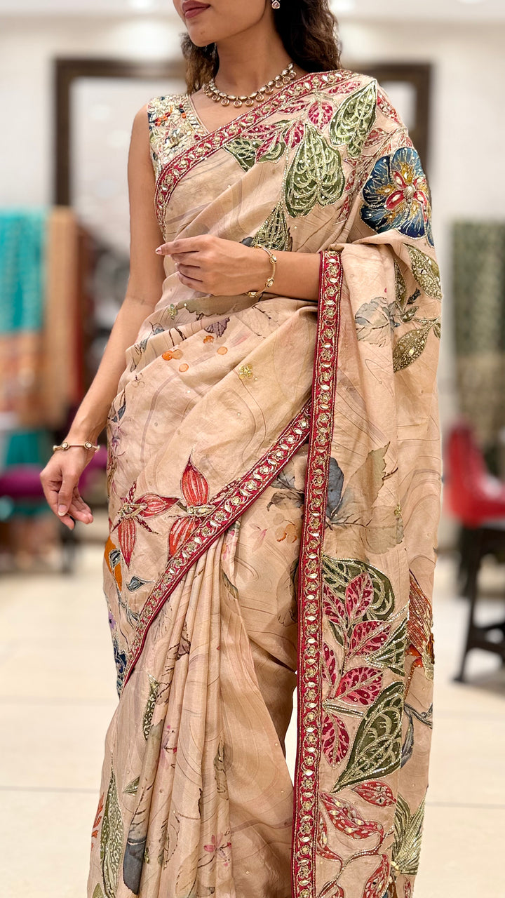 Beige Floral Printed Saree with Embroidered Border