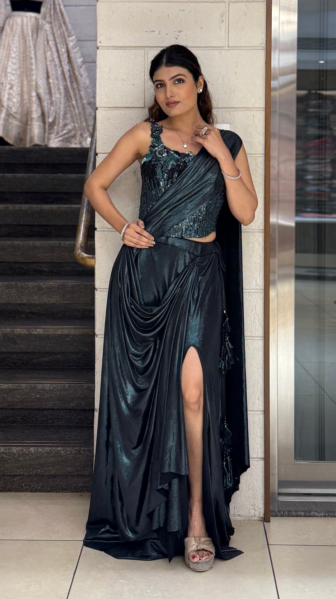 Black Metallic Ready-to-Wear Drape Saree with Heavy Sequin Embellished One-Shoulder Blouse