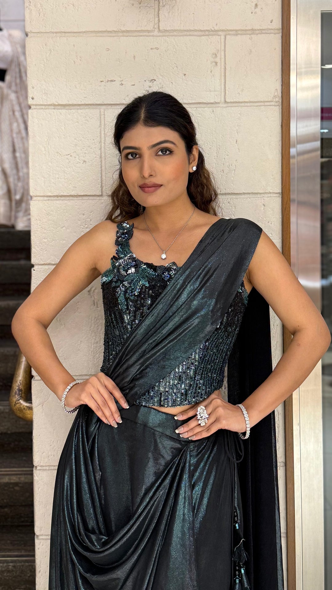 Black Metallic Ready-to-Wear Drape Saree with Heavy Sequin Embellished One-Shoulder Blouse