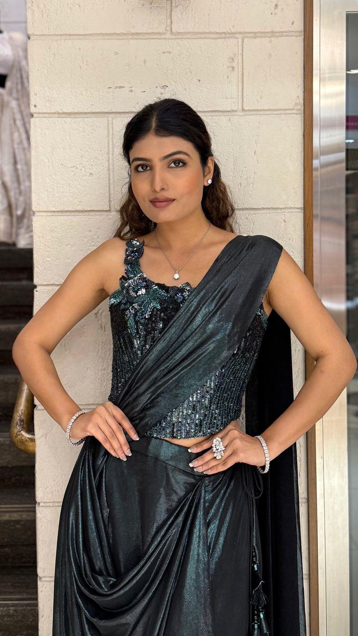 Black Metallic Ready-to-Wear Drape Saree with Heavy Sequin Embellished One-Shoulder Blouse