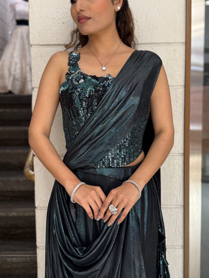 Black Metallic Ready-to-Wear Drape Saree with Heavy Sequin Embellished One-Shoulder Blouse