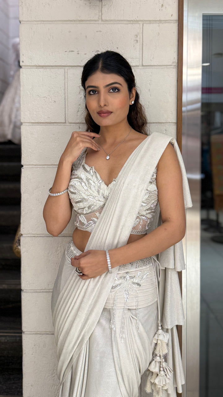 Ivory Ready-to-Wear Drape Saree with Heavy Embellished Cutwork Blouse