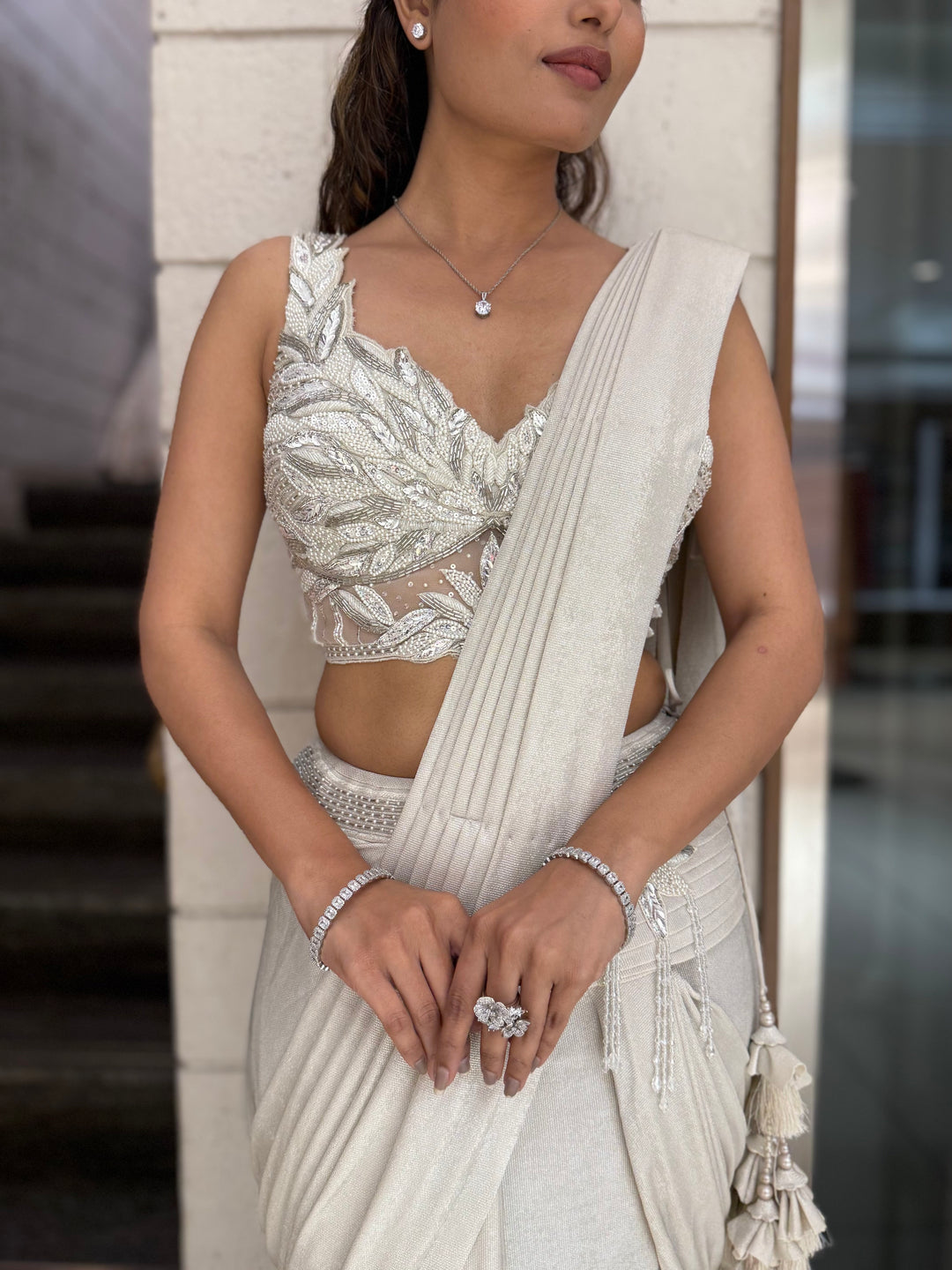 Ivory Ready-to-Wear Drape Saree with Heavy Embellished Cutwork Blouse
