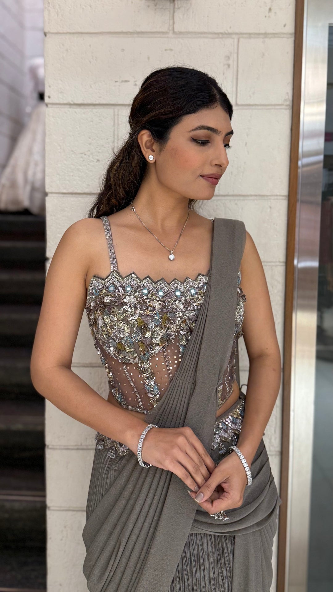 Smokey Grey Ready-to-Wear Draped Saree with Designer Sequin Embellished Corset Blouse