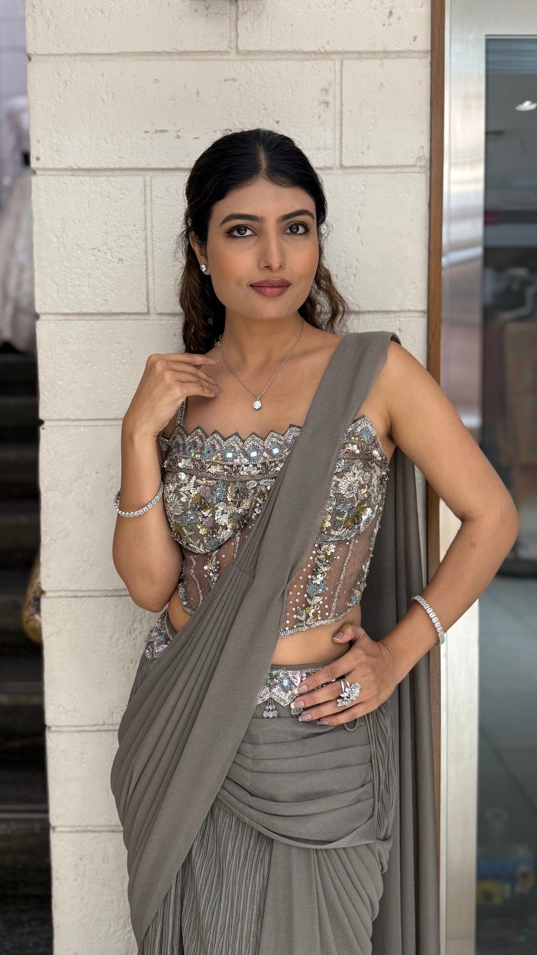 Smokey Grey Ready-to-Wear Draped Saree with Designer Sequin Embellished Corset Blouse
