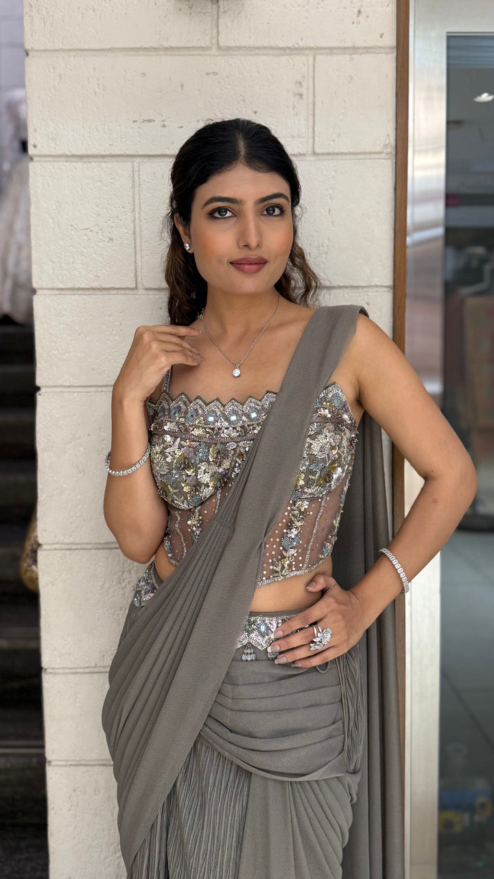 Smokey Grey Ready-to-Wear Draped Saree with Designer Sequin Embellished Corset Blouse