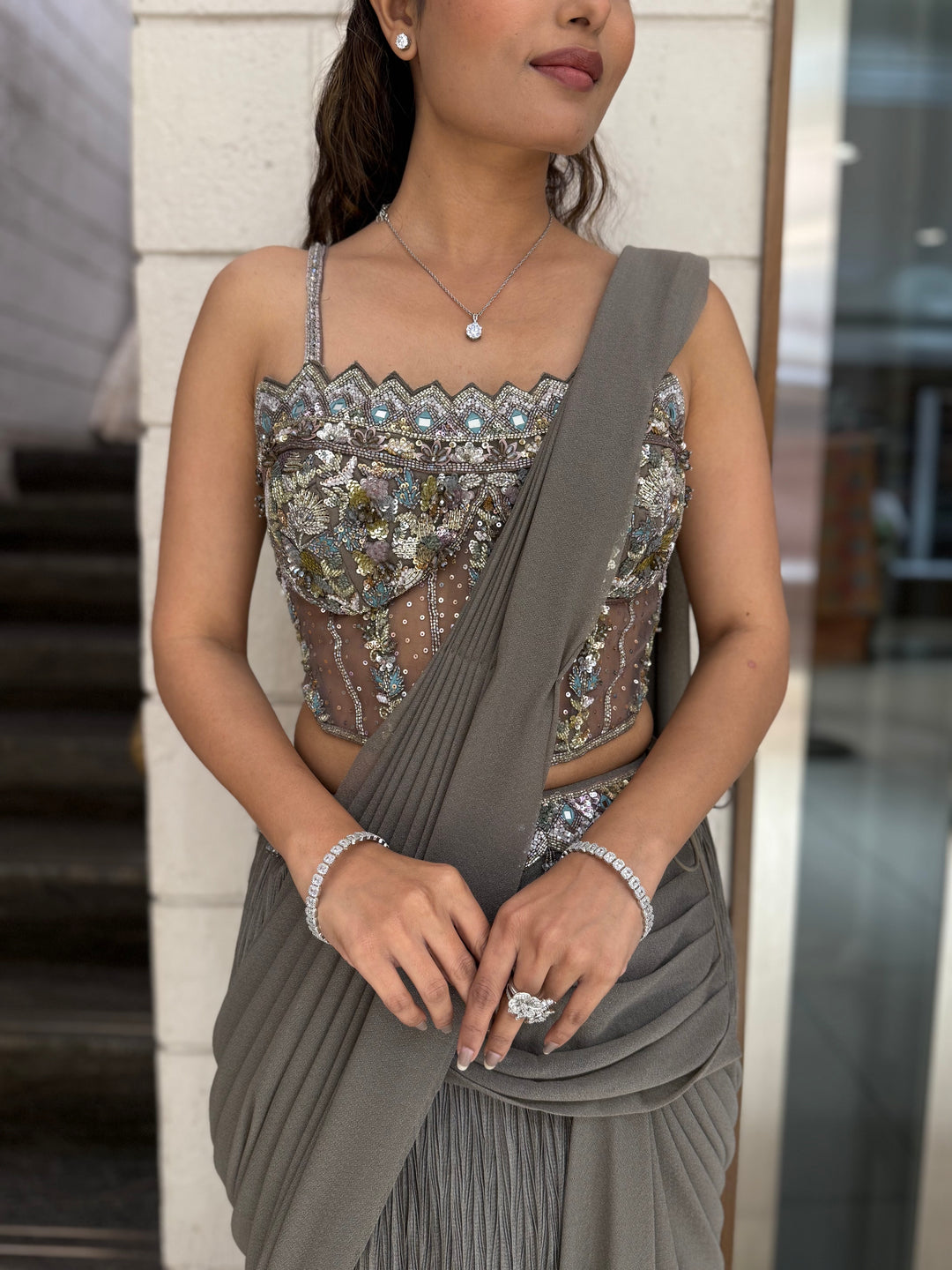 Smokey Grey Ready-to-Wear Draped Saree with Designer Sequin Embellished Corset Blouse