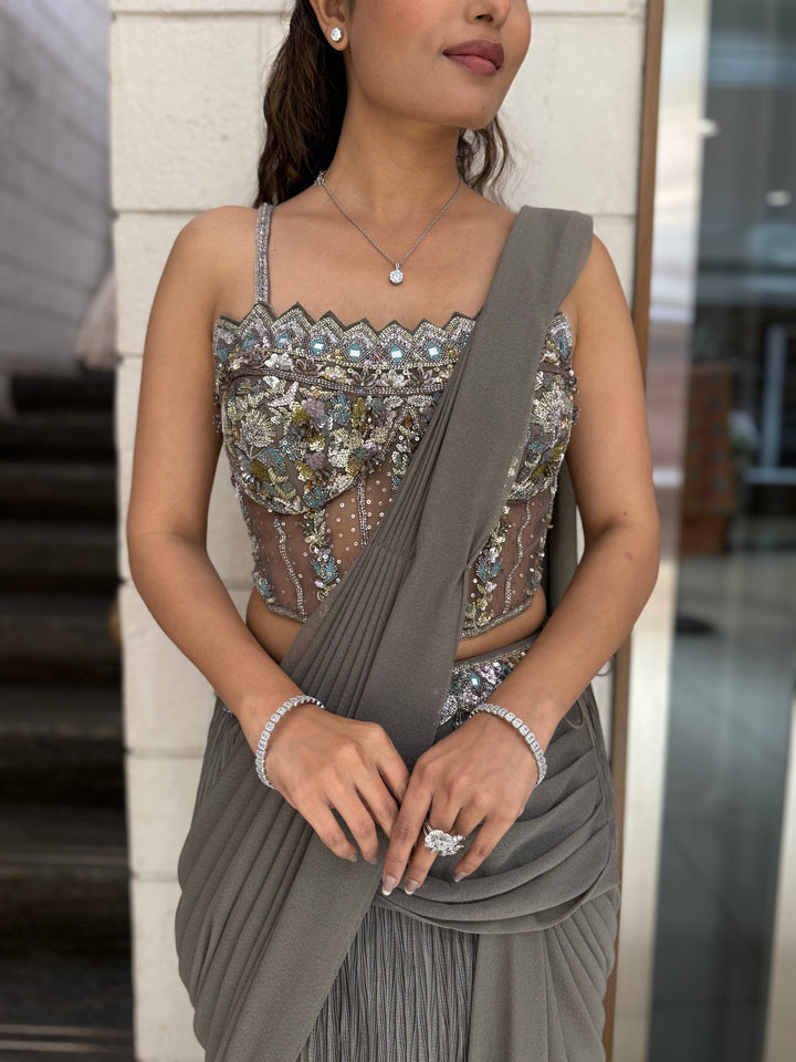 Smokey Grey Ready-to-Wear Draped Saree with Designer Sequin Embellished Corset Blouse