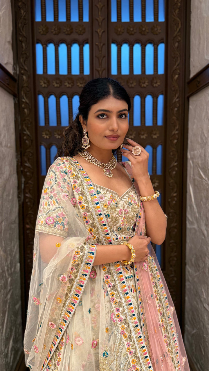 Ivory Multi-Color Heavy Embroidered Bridal Lehenga with Dupatta
