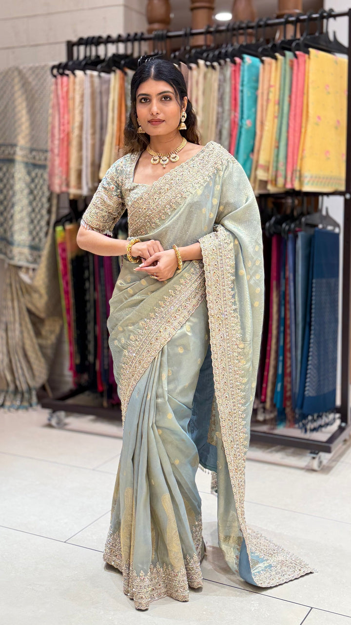 Pastel Sage Green Embroidered Saree with Designer Blouse & Heavy Border Work
