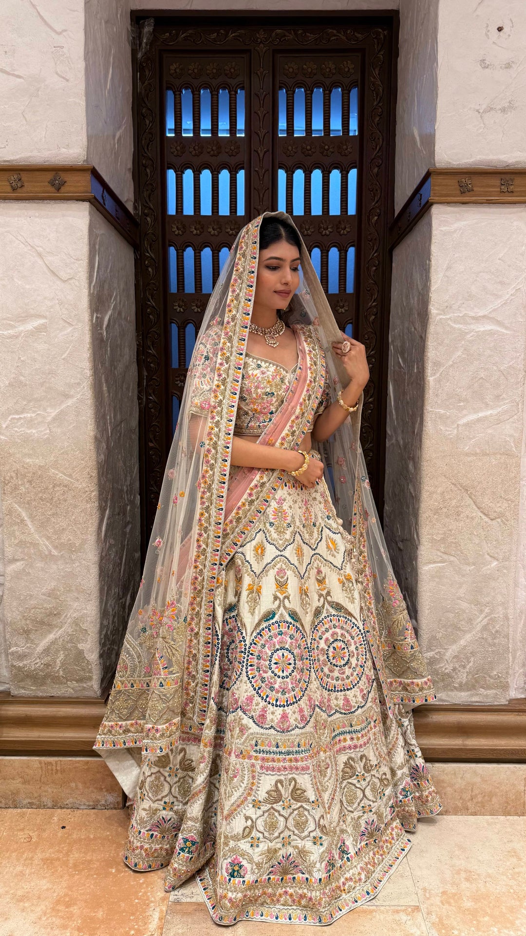 Ivory Multi-Color Heavy Embroidered Bridal Lehenga with Dupatta