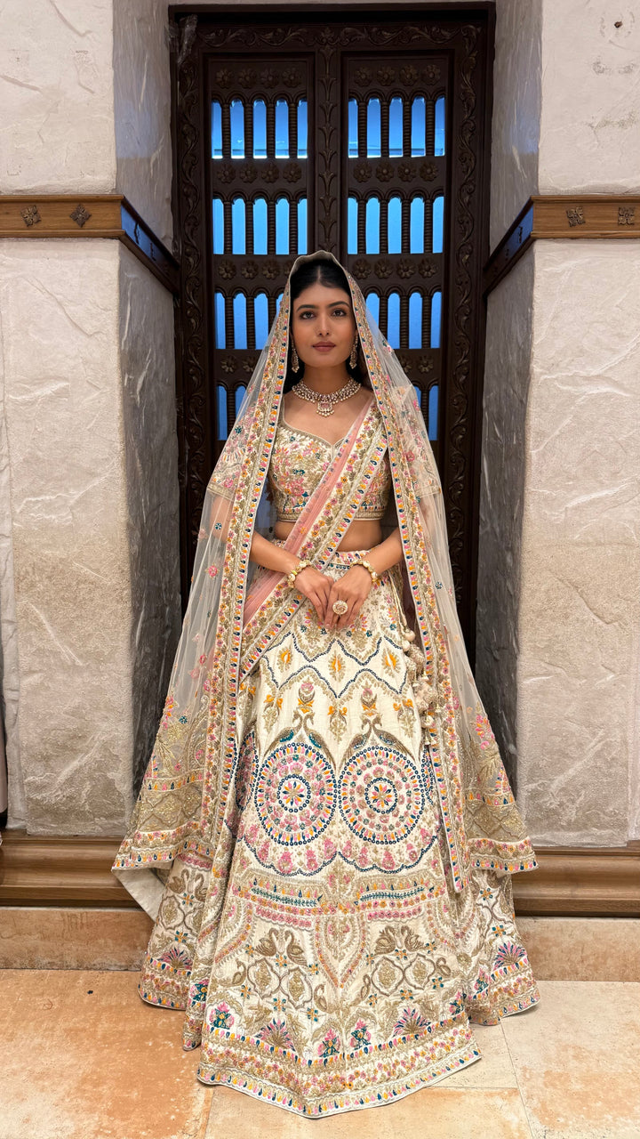 Ivory Multi-Color Heavy Embroidered Bridal Lehenga with Dupatta