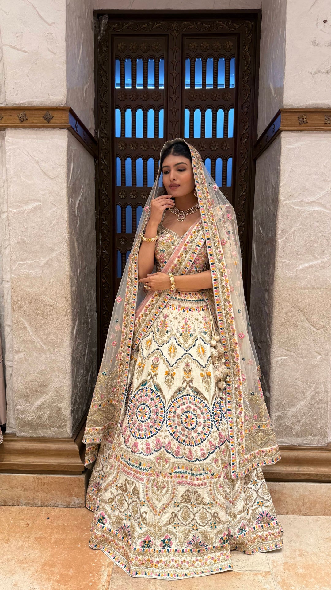 Ivory Multi-Color Heavy Embroidered Bridal Lehenga with Dupatta