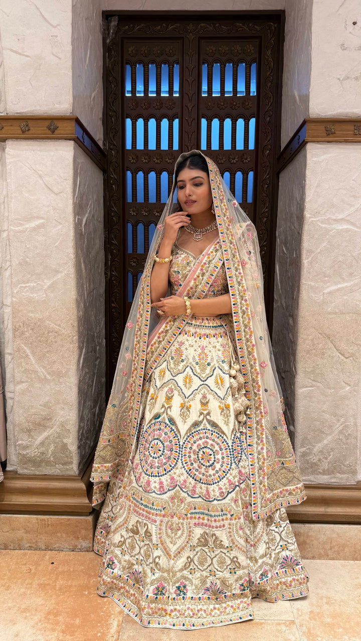 Ivory Multi-Color Heavy Embroidered Bridal Lehenga with Dupatta