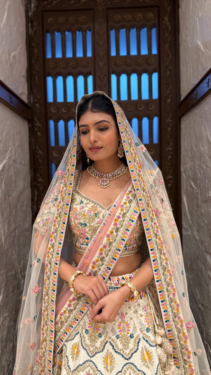 Ivory Multi-Color Heavy Embroidered Bridal Lehenga with Dupatta