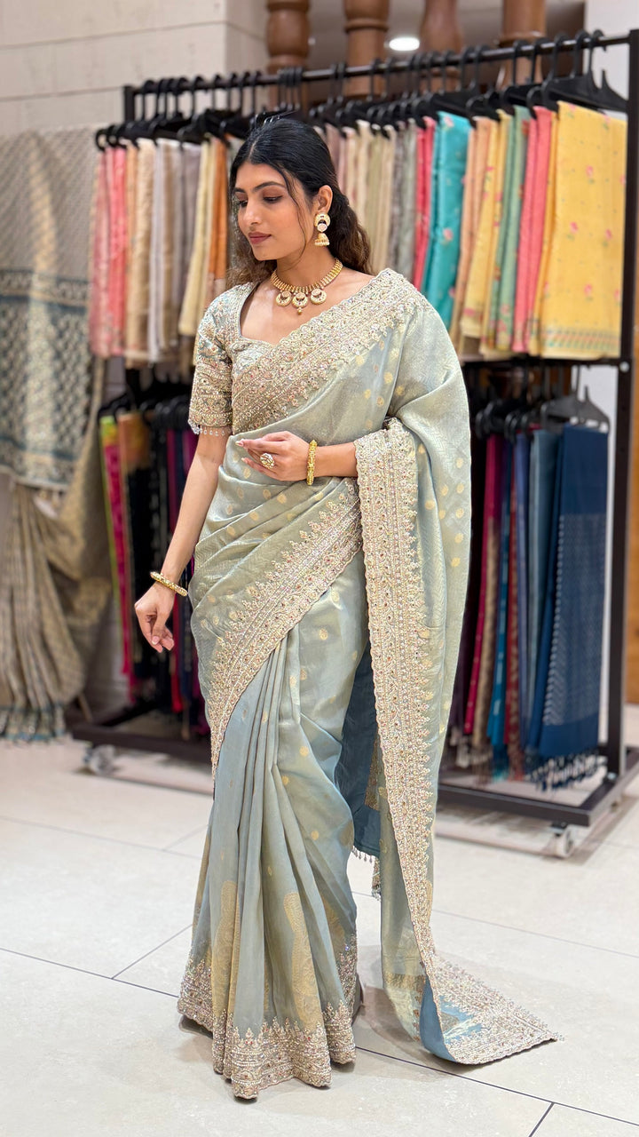 Pastel Sage Green Embroidered Saree with Designer Blouse & Heavy Border Work