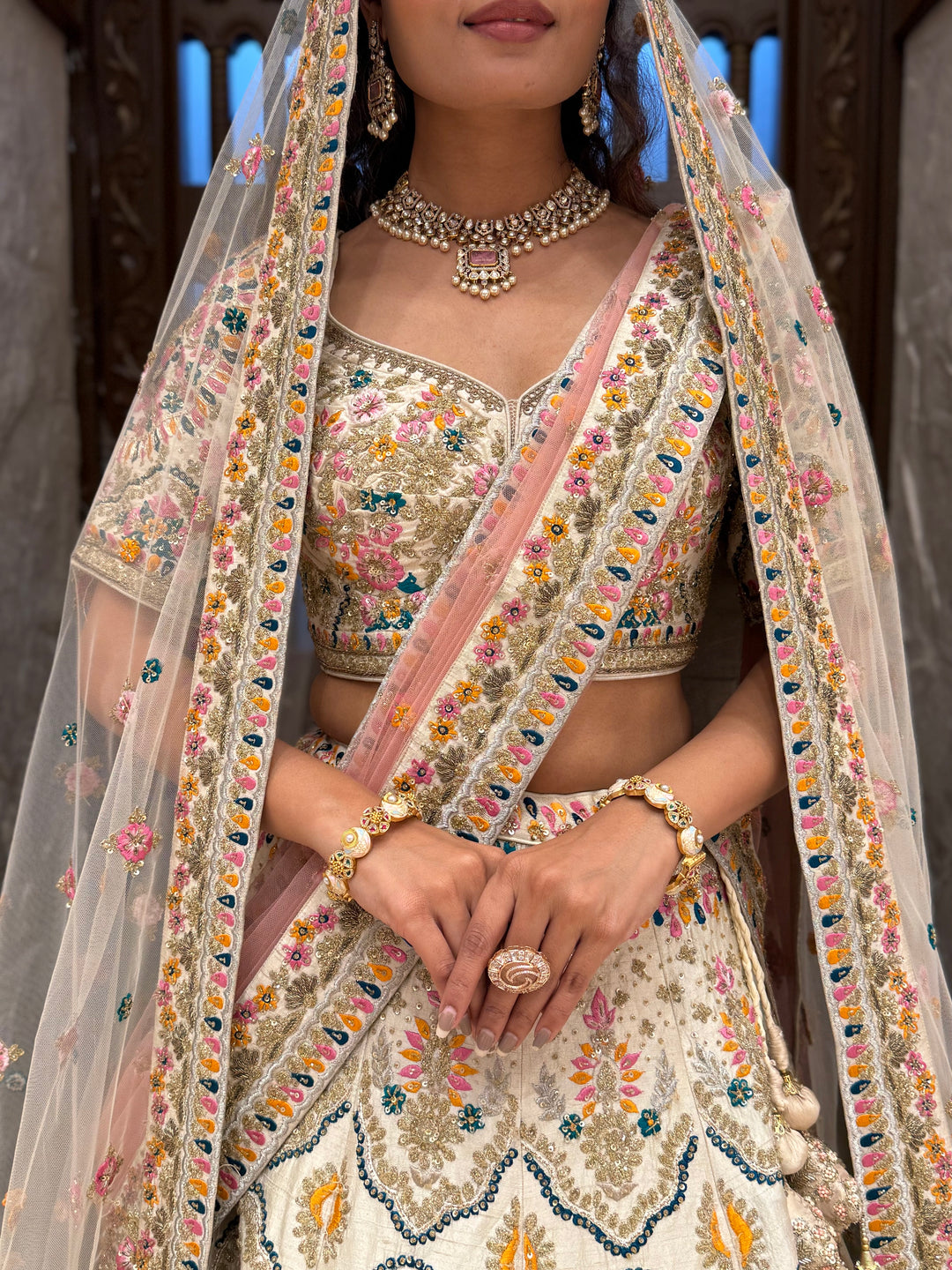 Ivory Multi-Color Heavy Embroidered Bridal Lehenga with Dupatta
