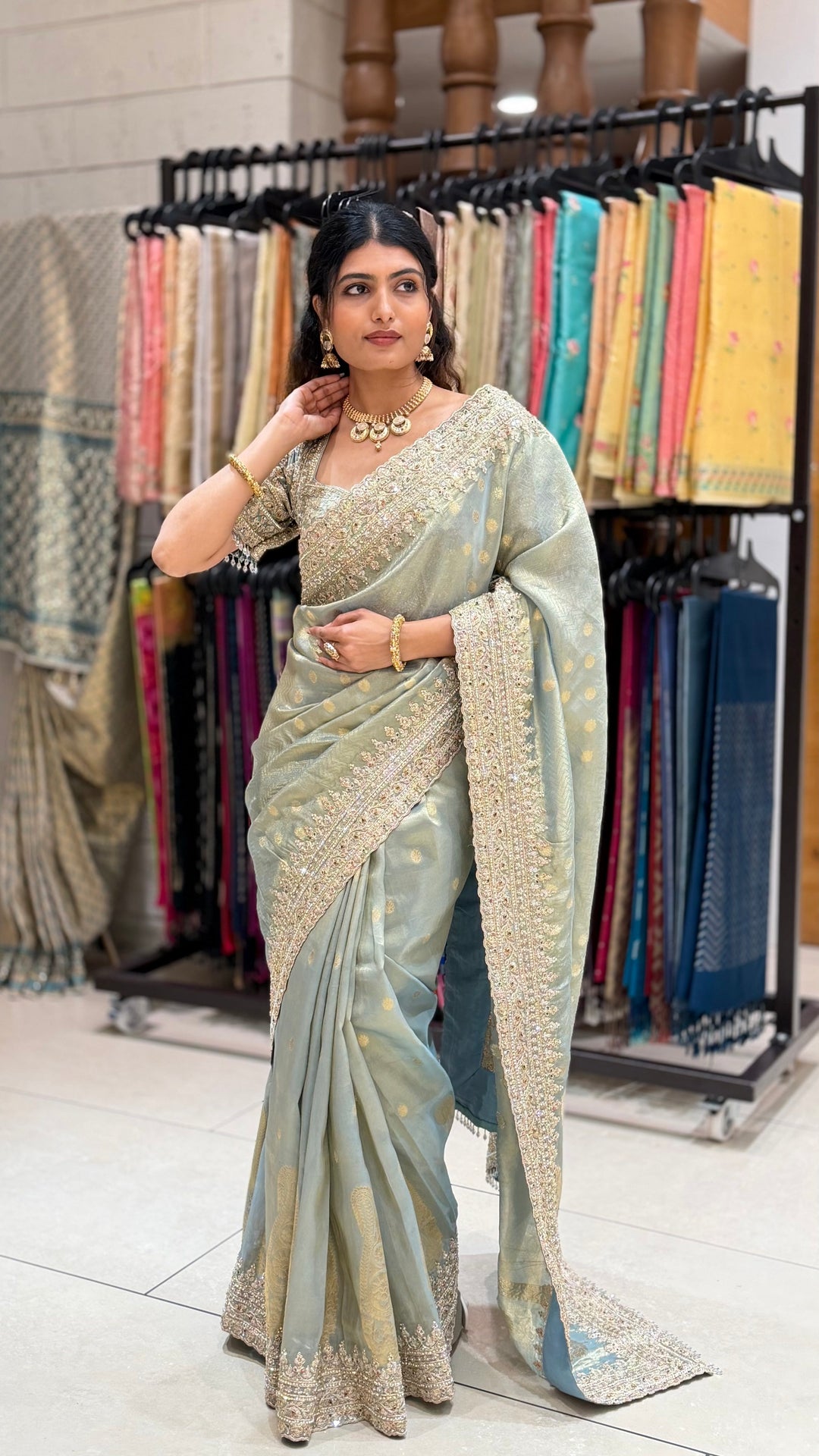 Pastel Sage Green Embroidered Saree with Designer Blouse & Heavy Border Work