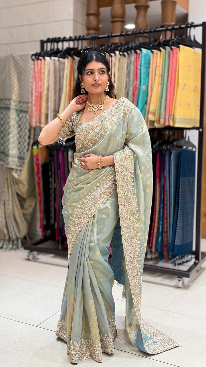 Pastel Sage Green Embroidered Saree with Designer Blouse & Heavy Border Work