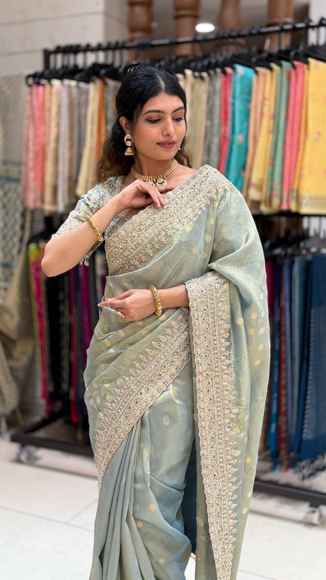 Pastel Sage Green Embroidered Saree with Designer Blouse & Heavy Border Work