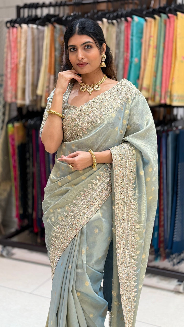 Pastel Sage Green Embroidered Saree with Designer Blouse & Heavy Border Work