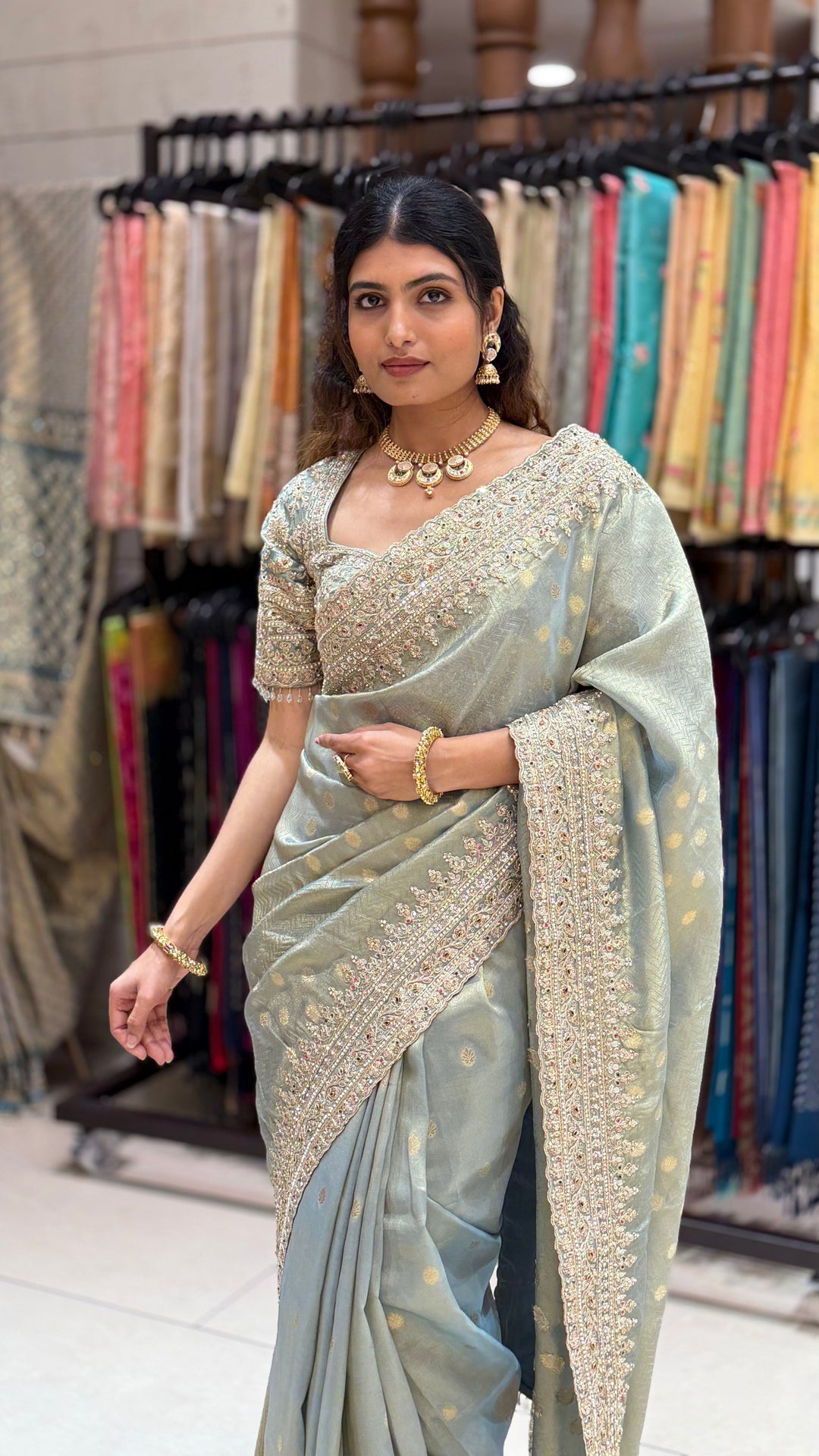 Pastel Sage Green Embroidered Saree with Designer Blouse & Heavy Border Work
