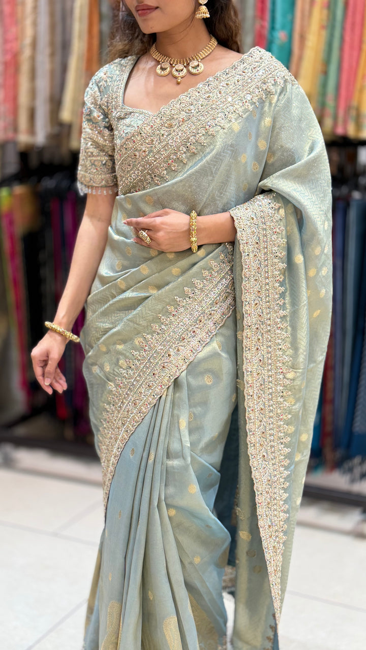 Pastel Sage Green Embroidered Saree with Designer Blouse & Heavy Border Work