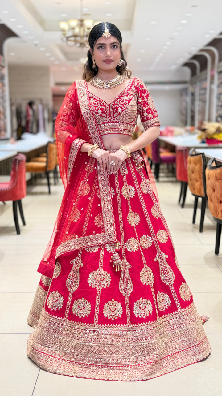 Bridal Red Embroidered Velvet Lehenga Set with Heavy Zari Work & Net Dupatta