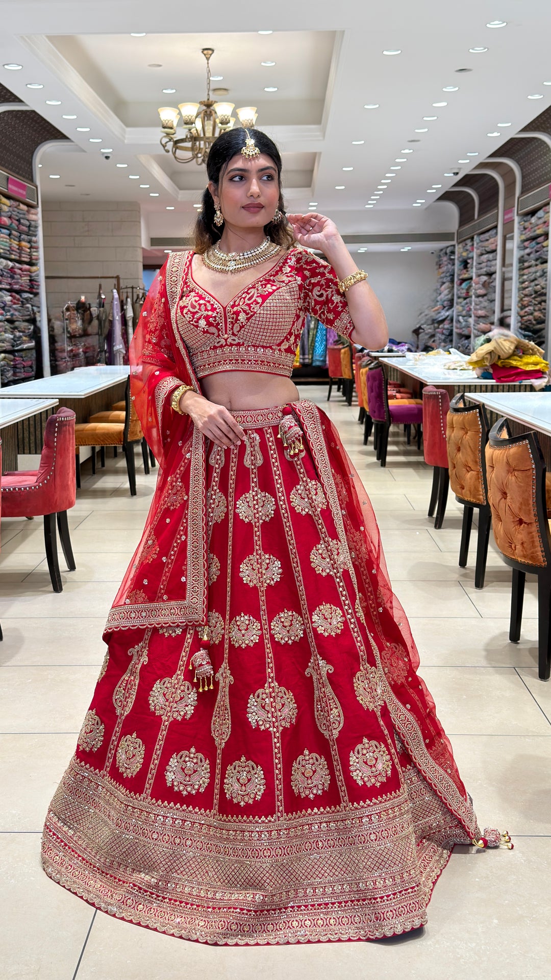 Bridal Red Embroidered Velvet Lehenga Set with Heavy Zari Work & Net Dupatta