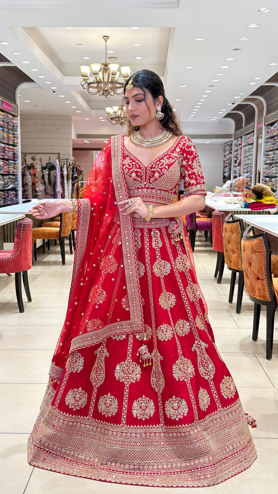 Bridal Red Embroidered Velvet Lehenga Set with Heavy Zari Work & Net Dupatta