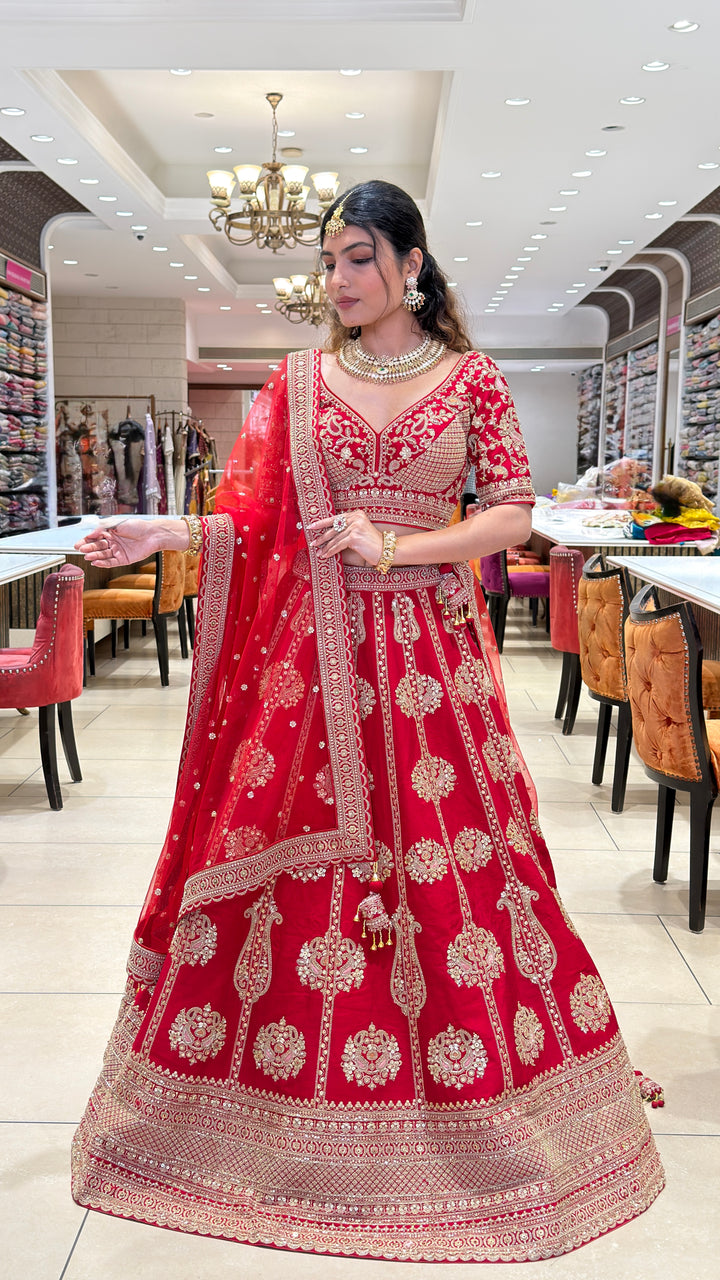 Bridal Red Embroidered Velvet Lehenga Set with Heavy Zari Work & Net Dupatta