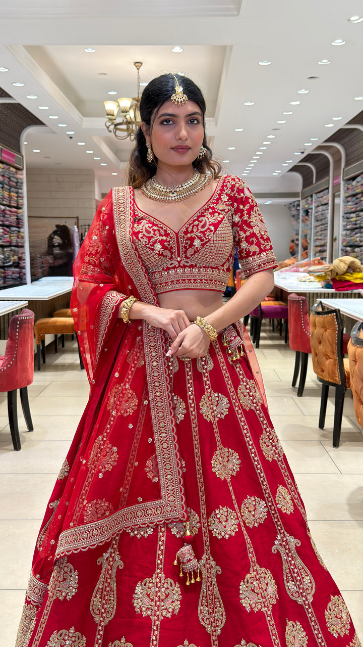 Bridal Red Embroidered Velvet Lehenga Set with Heavy Zari Work & Net Dupatta