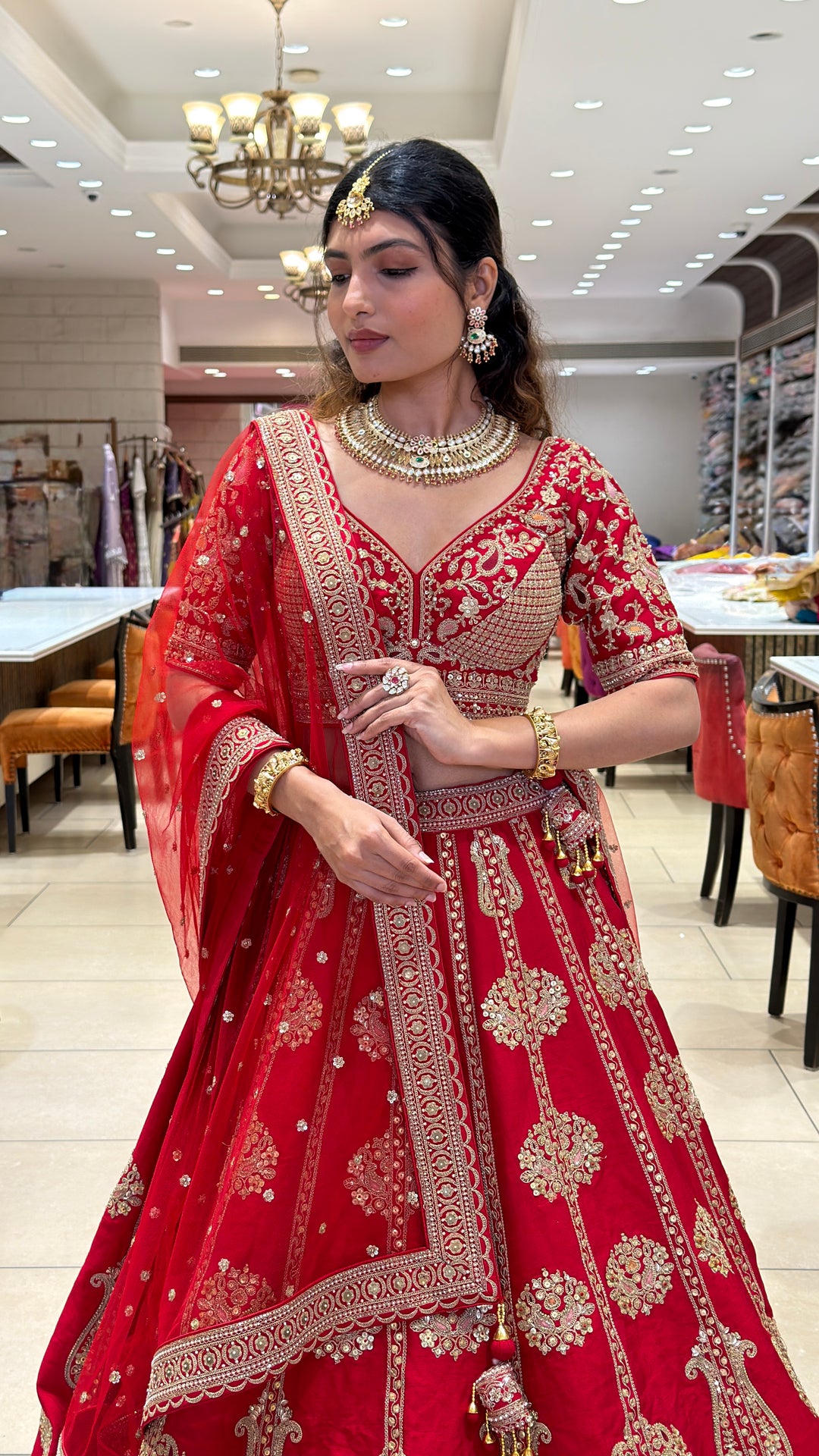 Bridal Red Embroidered Velvet Lehenga Set with Heavy Zari Work & Net Dupatta