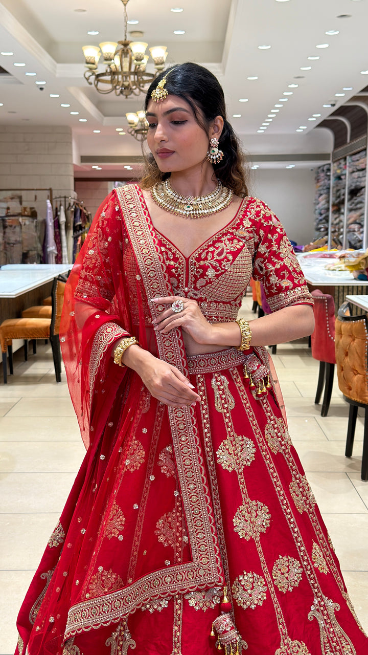 Bridal Red Embroidered Velvet Lehenga Set with Heavy Zari Work & Net Dupatta
