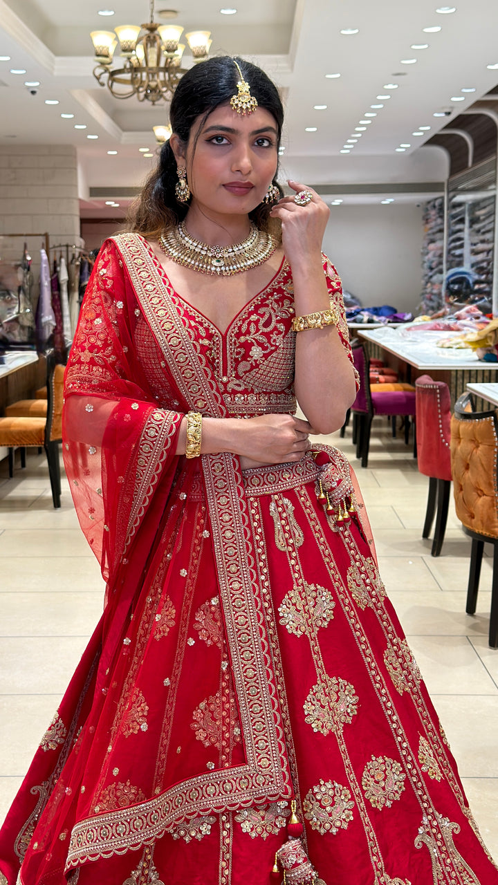 Bridal Red Embroidered Velvet Lehenga Set with Heavy Zari Work & Net Dupatta
