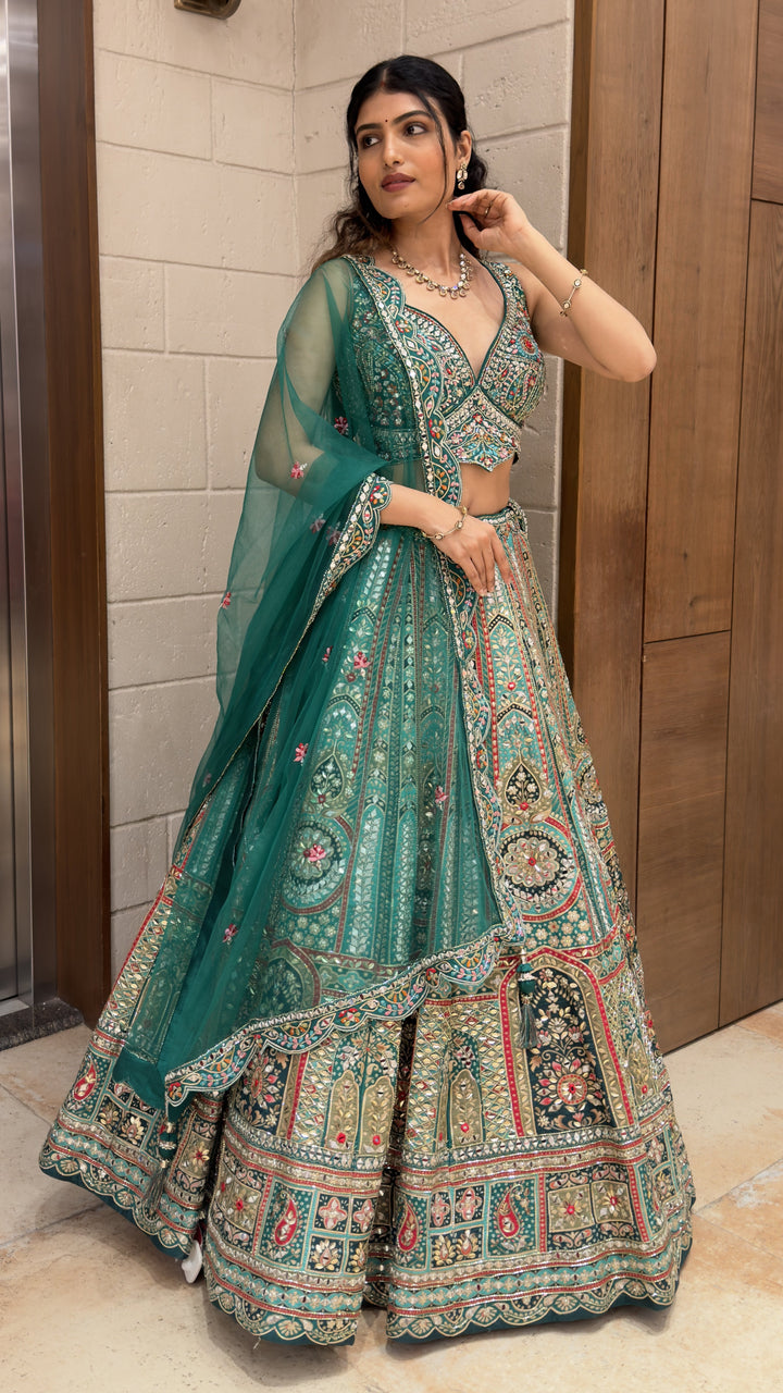 Teal Green Heritage Embroidered Lehenga Choli with Designer Dupatta