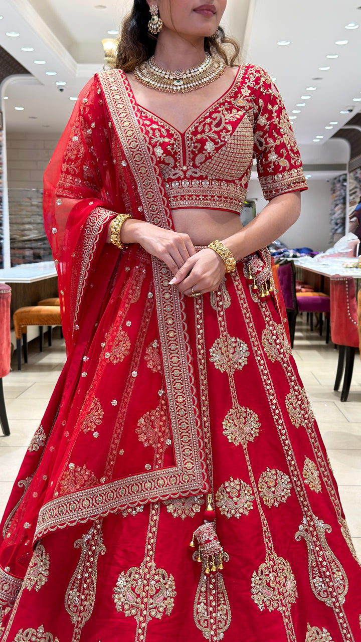 Bridal Red Embroidered Velvet Lehenga Set with Heavy Zari Work & Net Dupatta