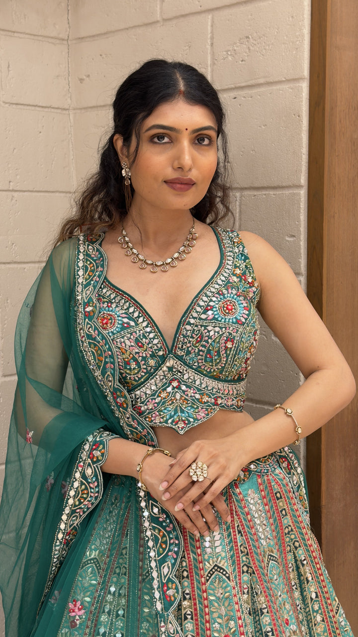 Teal Green Heritage Embroidered Lehenga Choli with Designer Dupatta