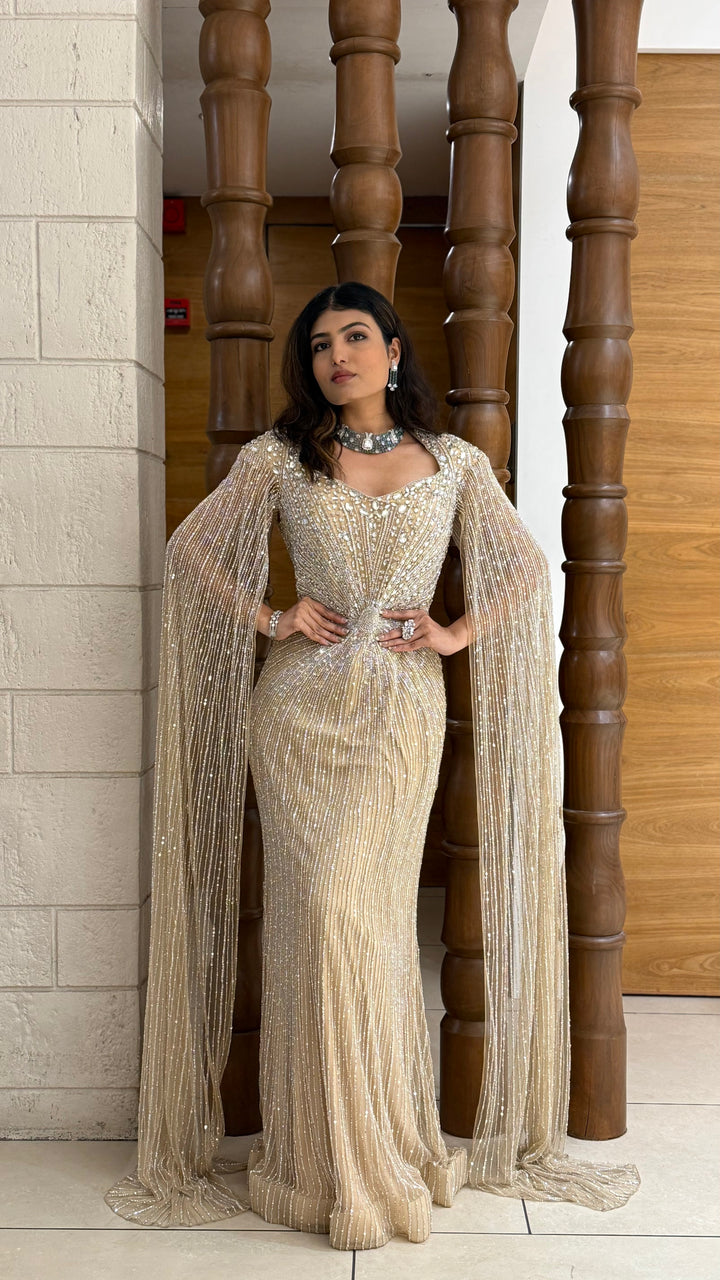 Luxury Gold Sequin Mermaid Gown with Dramatic Cape Sleeves – Designer Evening & Reception Wear