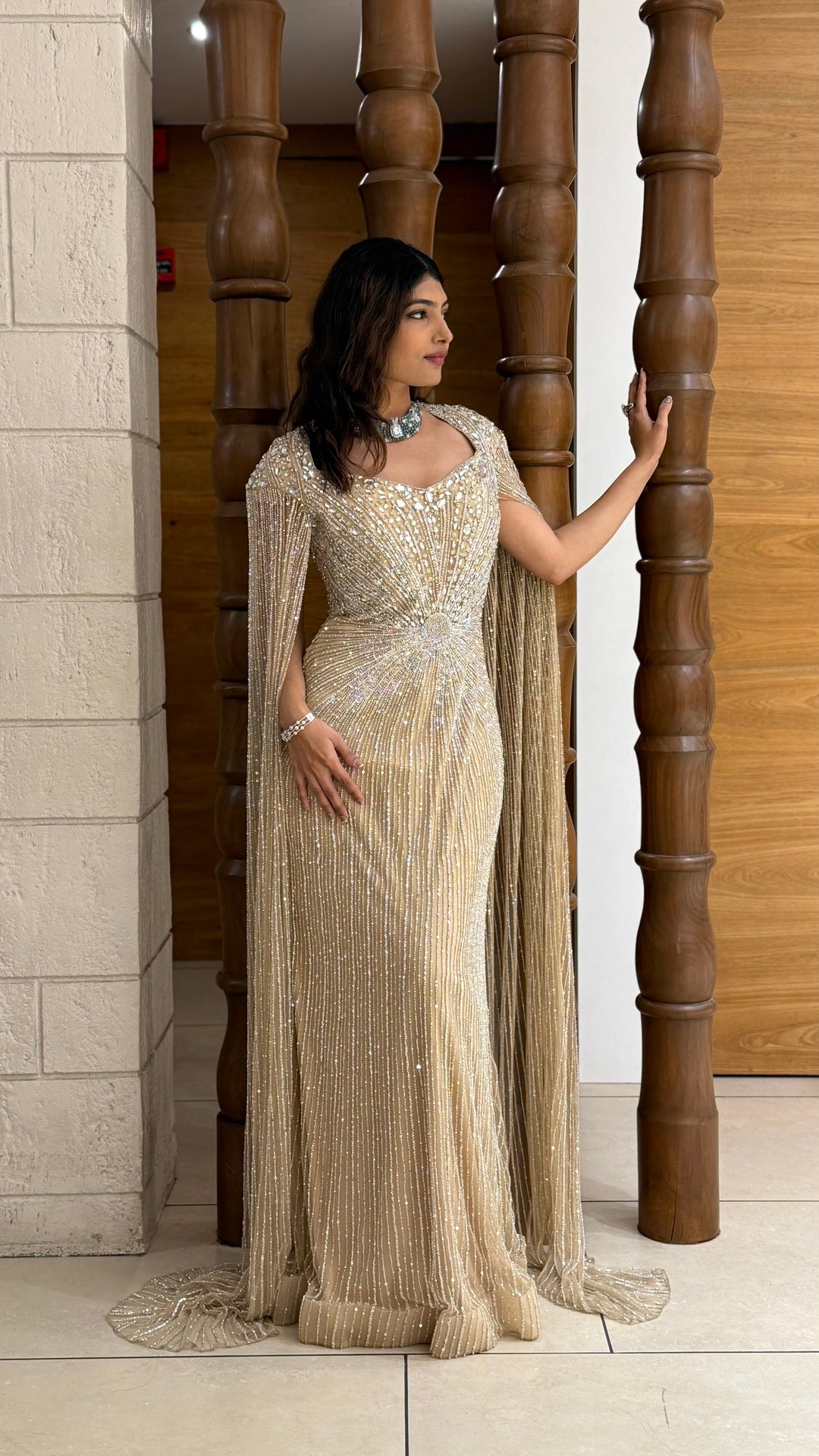 Luxury Gold Sequin Mermaid Gown with Dramatic Cape Sleeves – Designer Evening & Reception Wear