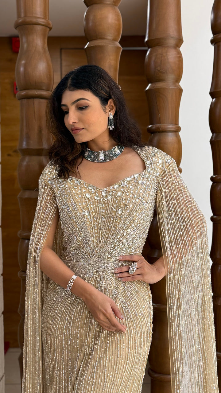 Luxury Gold Sequin Mermaid Gown with Dramatic Cape Sleeves – Designer Evening & Reception Wear