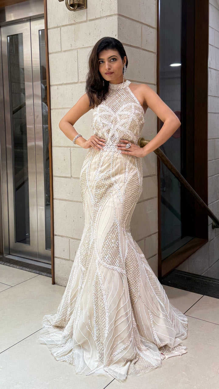 Ivory Champagne Sequin Fish Cut Mermaid Gown with Halter Neck