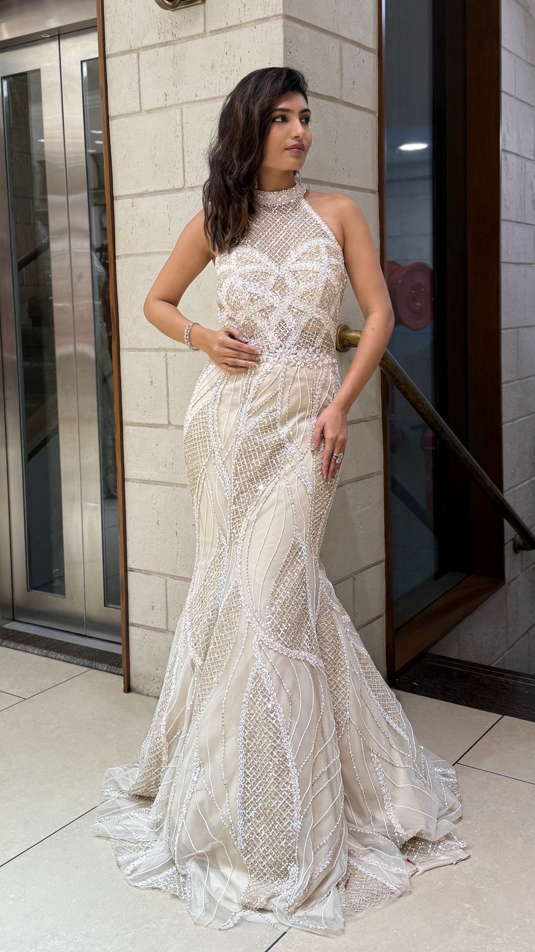 Ivory Champagne Sequin Fish Cut Mermaid Gown with Halter Neck