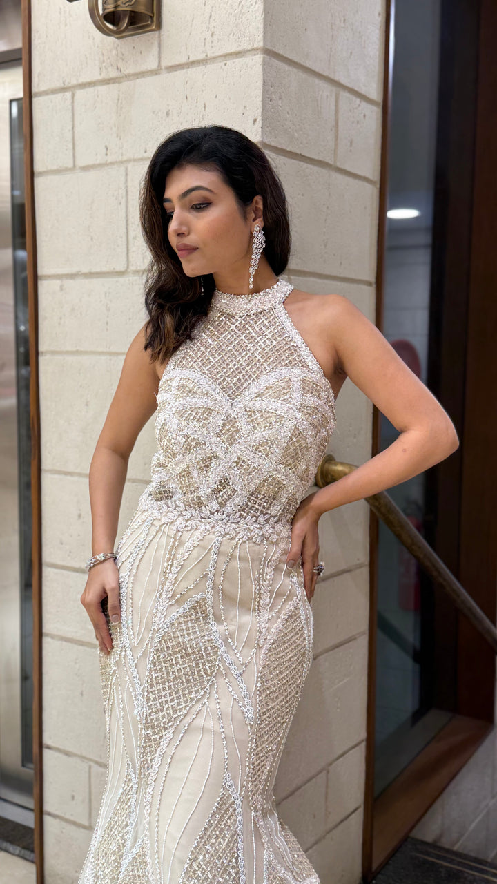 Ivory Champagne Sequin Fish Cut Mermaid Gown with Halter Neck