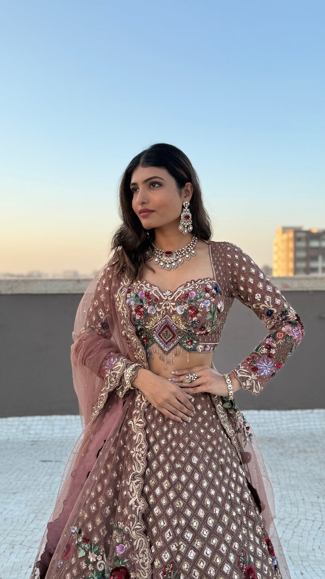 Dusty Rose Hand-Embroidered Designer Lehenga Set with Floral & Mirror Work