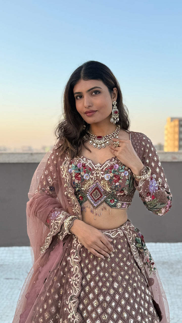 Dusty Rose Hand-Embroidered Designer Lehenga Set with Floral & Mirror Work